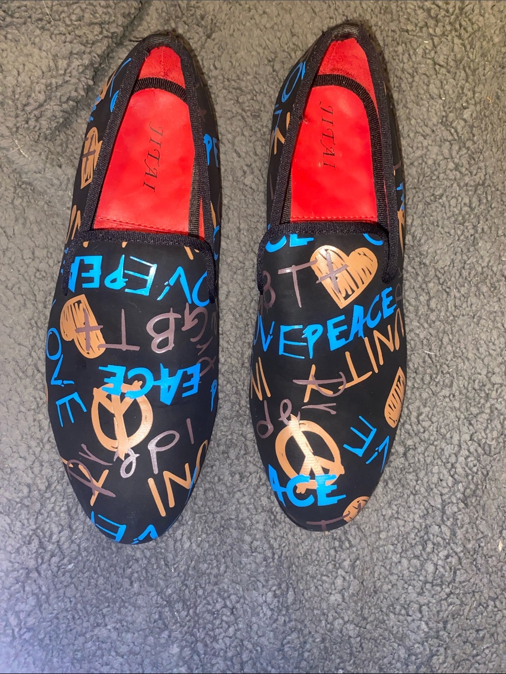 Jitai Black Graffiti-Print Slip-On Loafers with Blue & Tan Accents